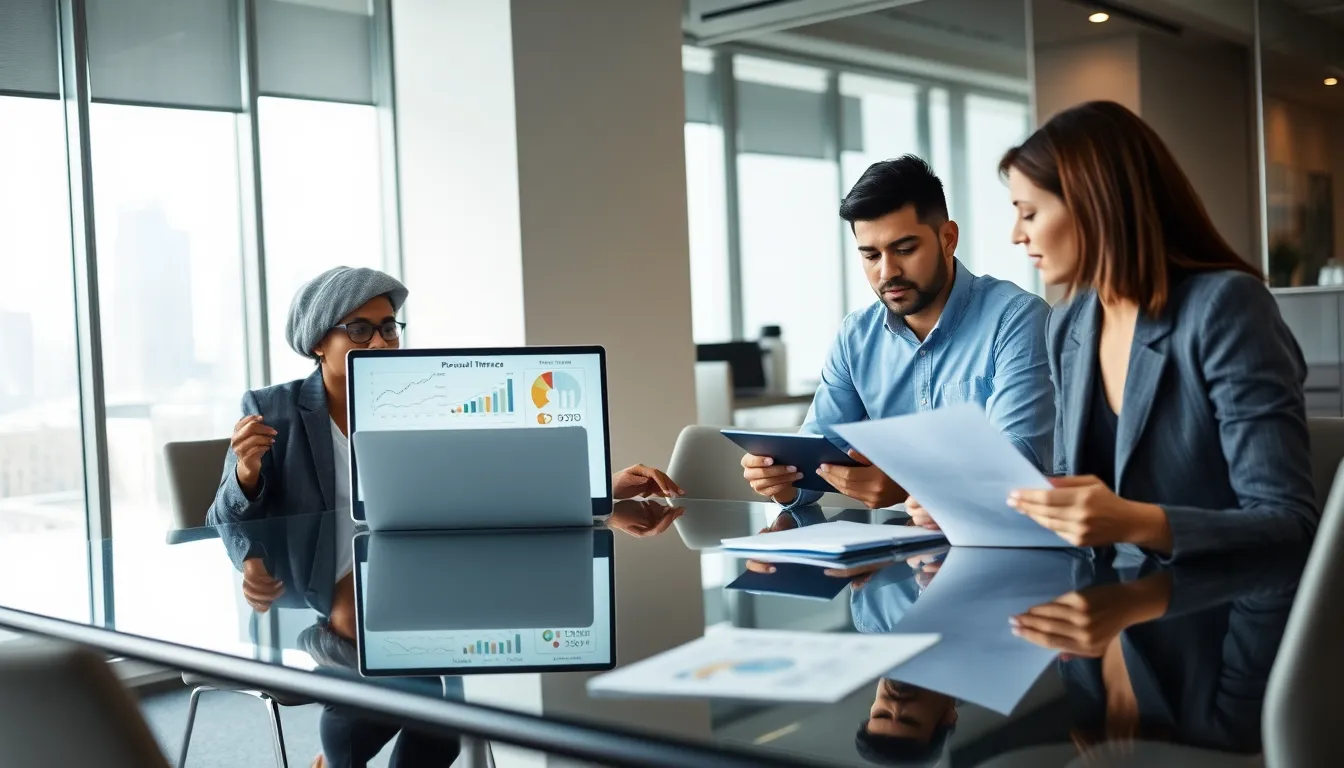 diverse team discussing personal finance in a modern office.