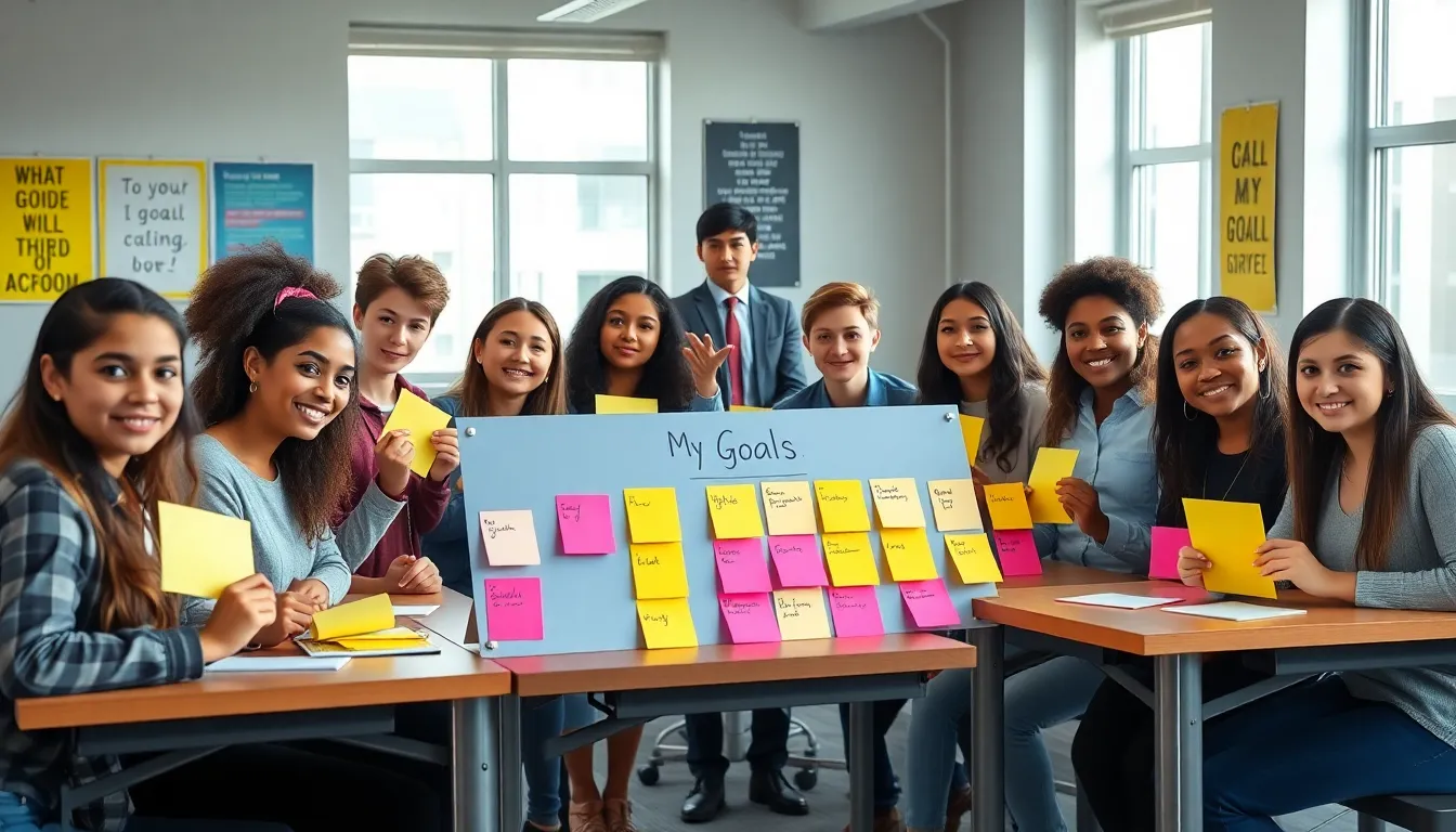 diverse teens writing goals in a modern classroom workshop.